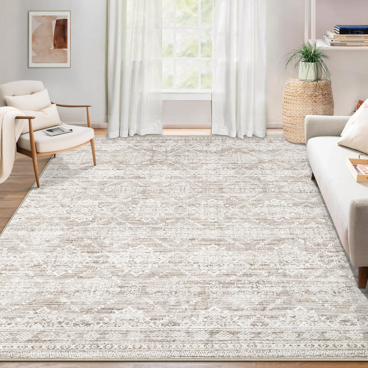 Area Rug 4x6 Geometric Rug: Washable Boho Moroccan Rugs Soft Farmhouse Rug, Modern Neutral Stain Resistant Indoor Floor Carpet for Livingroom Bedroom Dining Table Nursery(Modern Beige,4'x6')