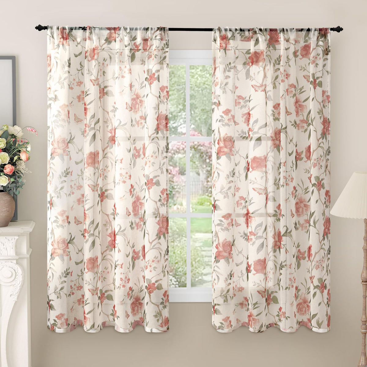 Lajode Pink Floral Sheer Curtains for Girls Room - 52x84 Inch 2 Panels