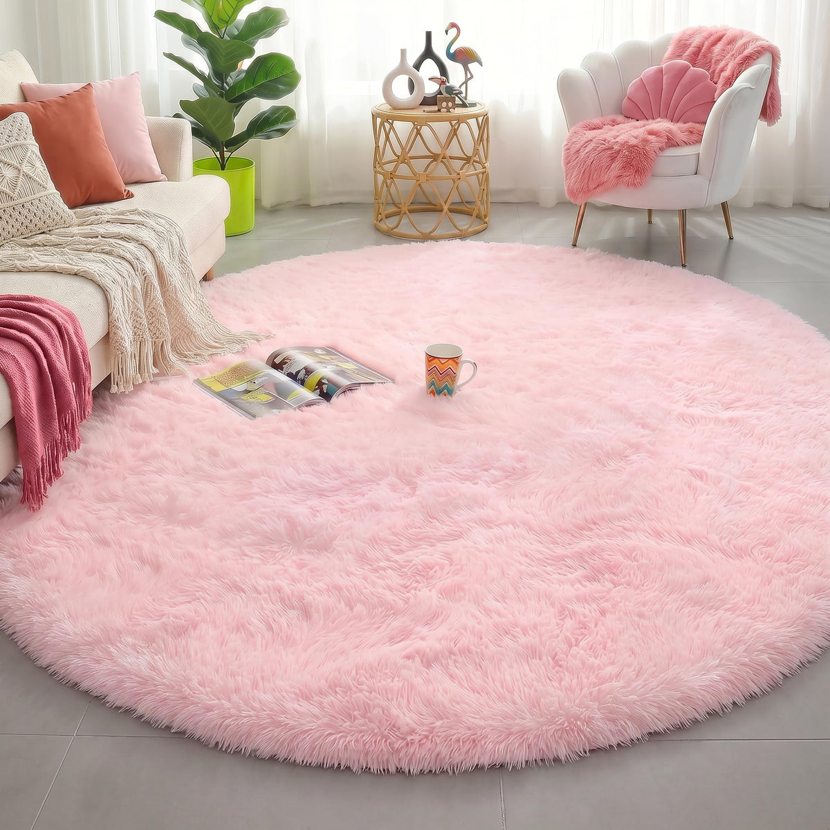 Amdrebio Pink Circle Round Fluffy Area Rug 4Ft for Girls Bedroom Kids Room