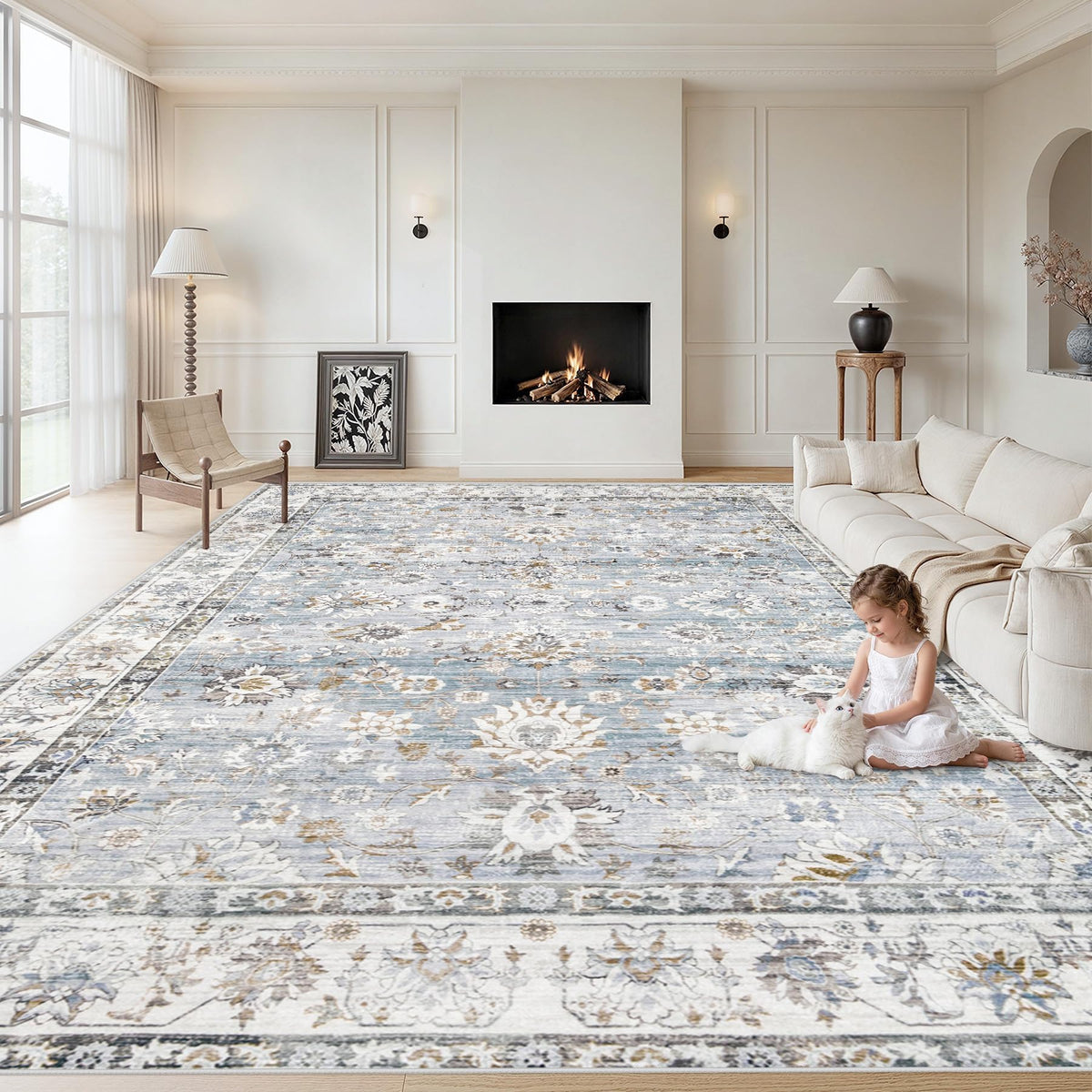 XLUEZ Area Rug 8x10 Living Room Rug, Machine Washable Vintage Distressed Medallion Rug Non-Slip Soft Low Pile Large Indoor Rugs for Bedroom Dining Room Office Children's Room (Beige,8'x10')
