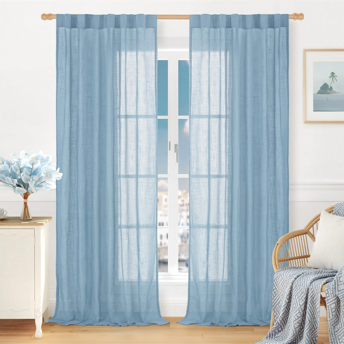LAMIT Linen Semi Sheer Curtains 84 Inches Long for Living Room 2 Panels