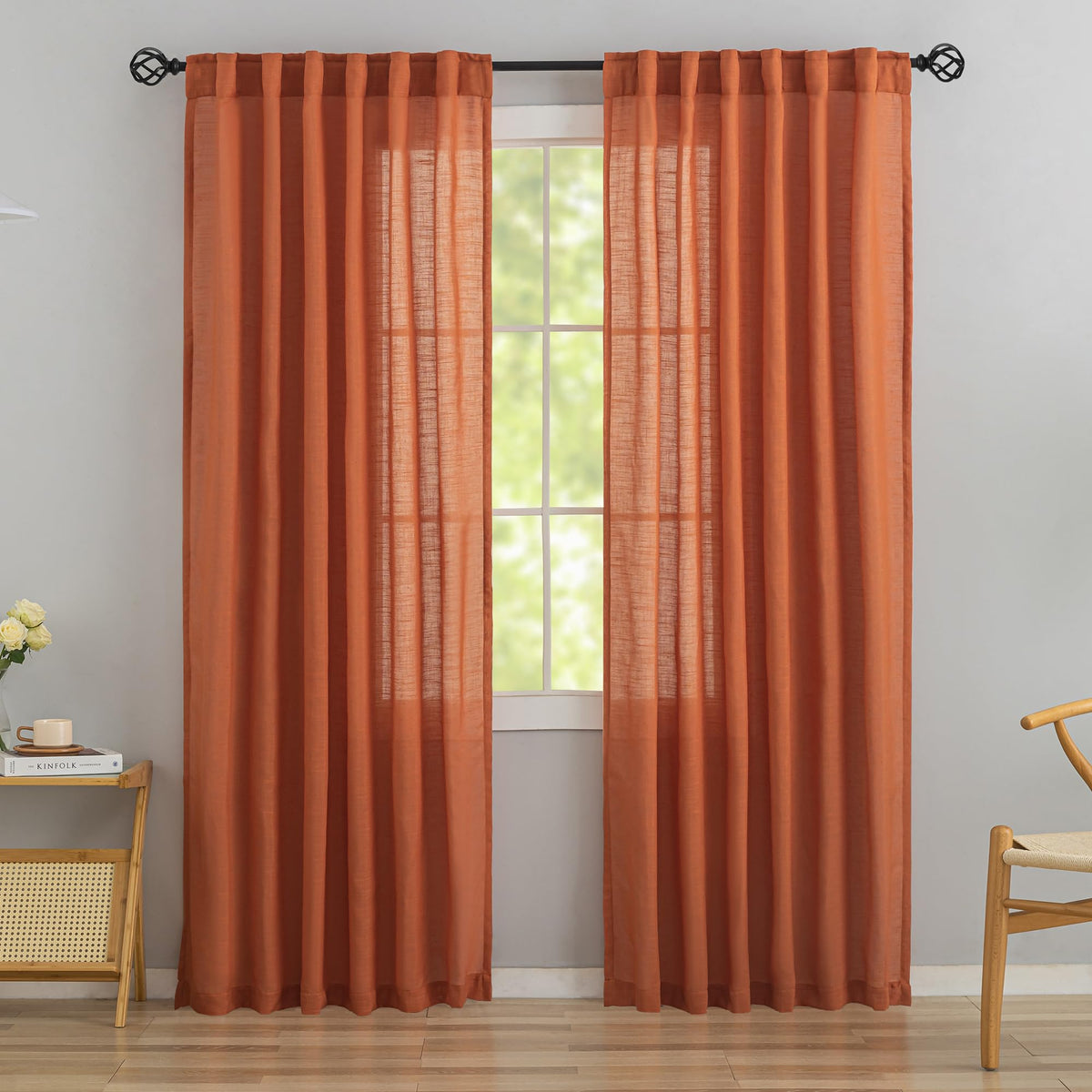 Natural Linen 144 Inch Length Curtains for Tall Floor Ceiling Villa Living Room -Cream Ivory Bak Tab Hooks Pleated Easy Open Sliding Semi Sheer 144 inch Extra Long 2 Story Window Curtains,12 Foot