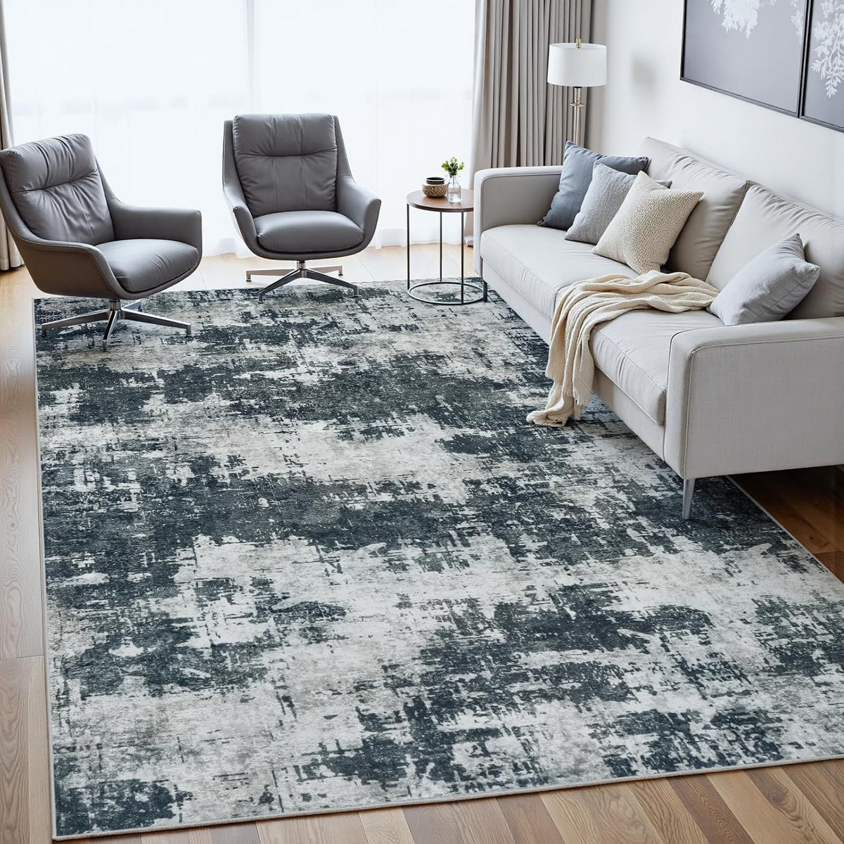 8x10 Area Rugs for Living Room: Washable Soft Black Abstract Bedroom Carpet