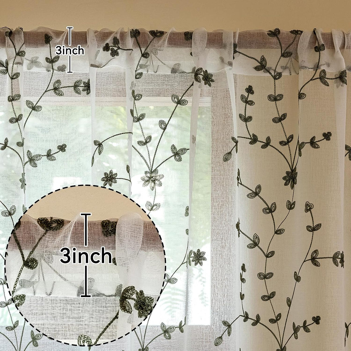 AmHoo 2 Panels Leaf Flora Embroidered Farmhouse Semi Sheer Curtain Voile Curtains for Living Room Bedroom Window Treatment White Sage Green 53 x 84 Inch