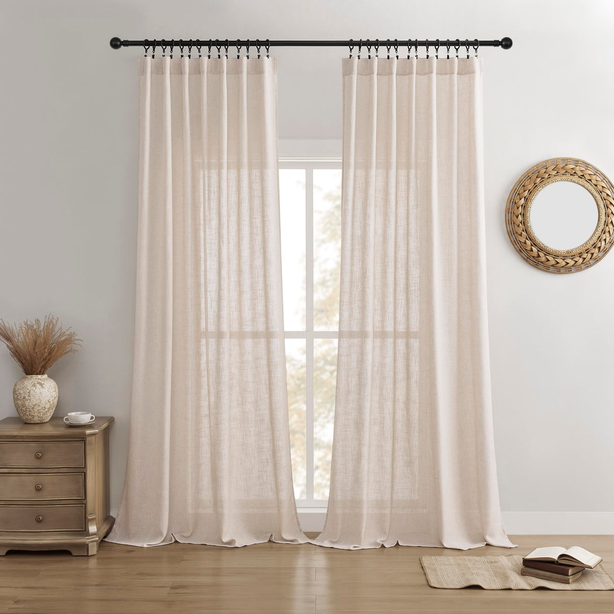 Joydeco Linen Curtains for Living Room,Light Filtering Rod Pocket Back Tab Semi Sheer Drapes Window Long Curtains 90 inches Long Ivory