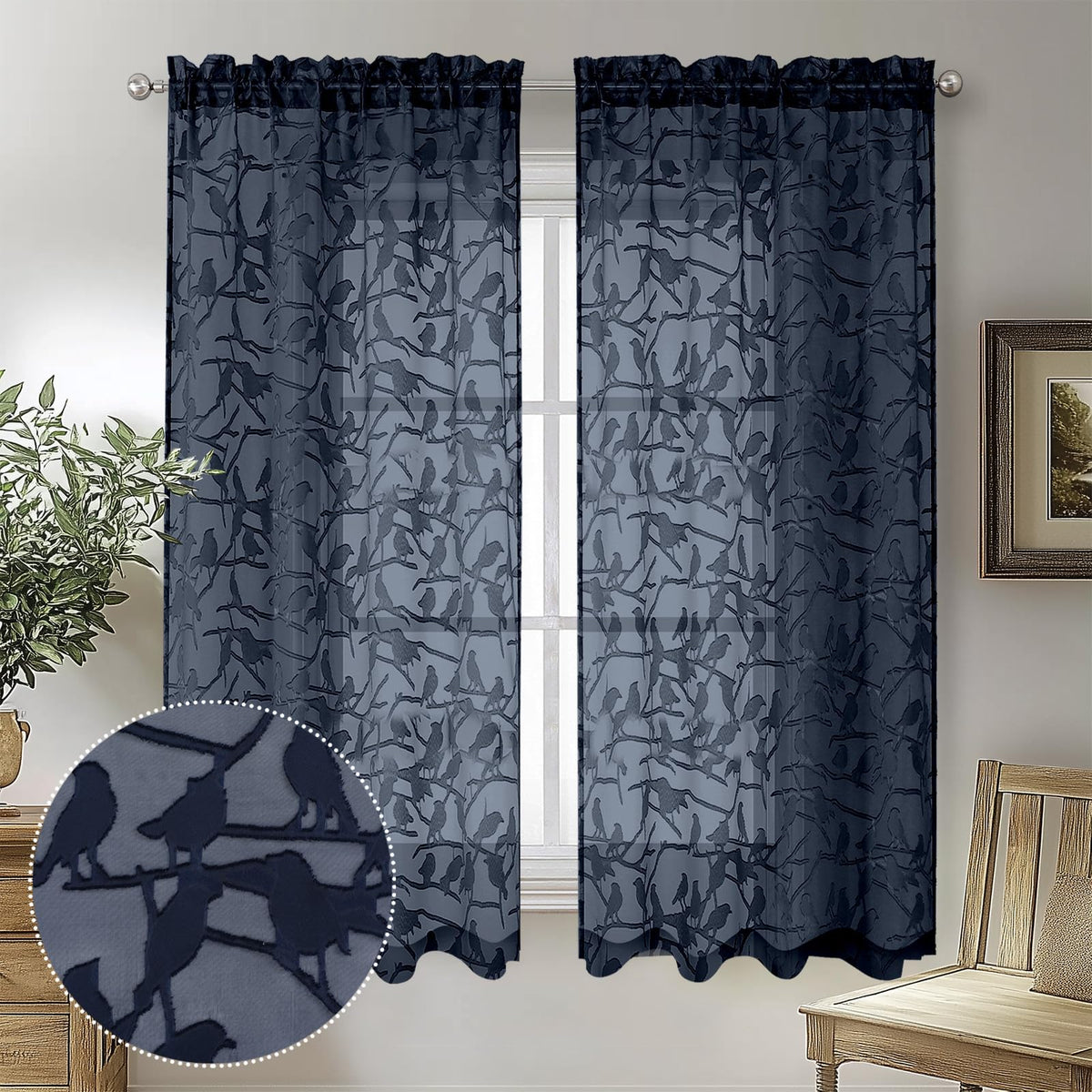 OVZME Sage Green Sheer Curtains 63 Inch Length 2 Panel Set, Light Filtering Bedroom Curtains with Dual Rod Pocket Top, Leaf Bird Clip Jacquard Sheer Farmhouse Window Drapes for Living Room, 2x38Wx63L