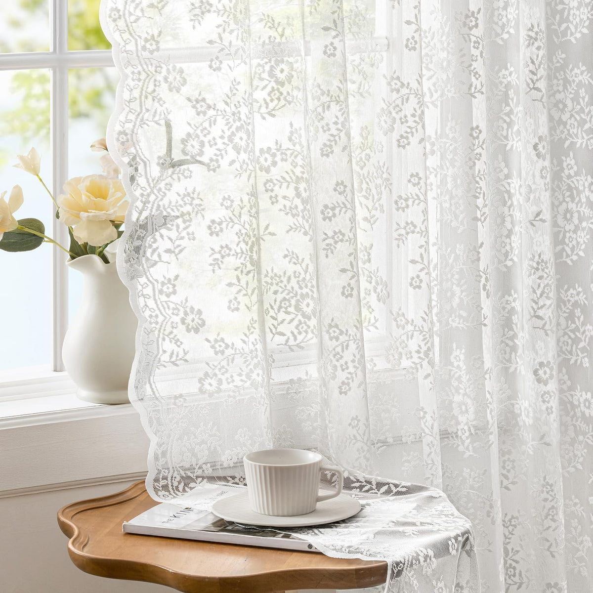 2 Panels Vintage Lace Curtains 63 Inches Length 52 x 63 Inch Ivory