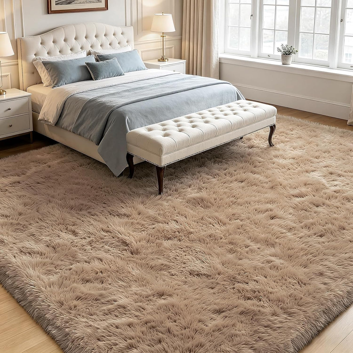 Beige 8x10 Area Rugs for Living Room, Fluffy Shag Rug Large Bedroom Carpet