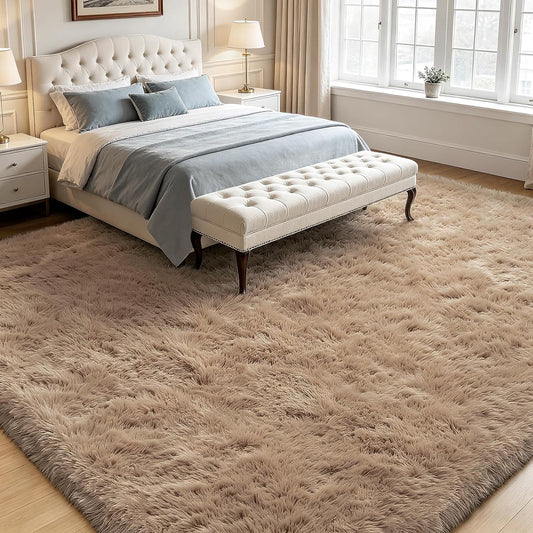 Beige 8x10 Area Rugs for Living Room, Fluffy Shag Rug Large Bedroom Carpet