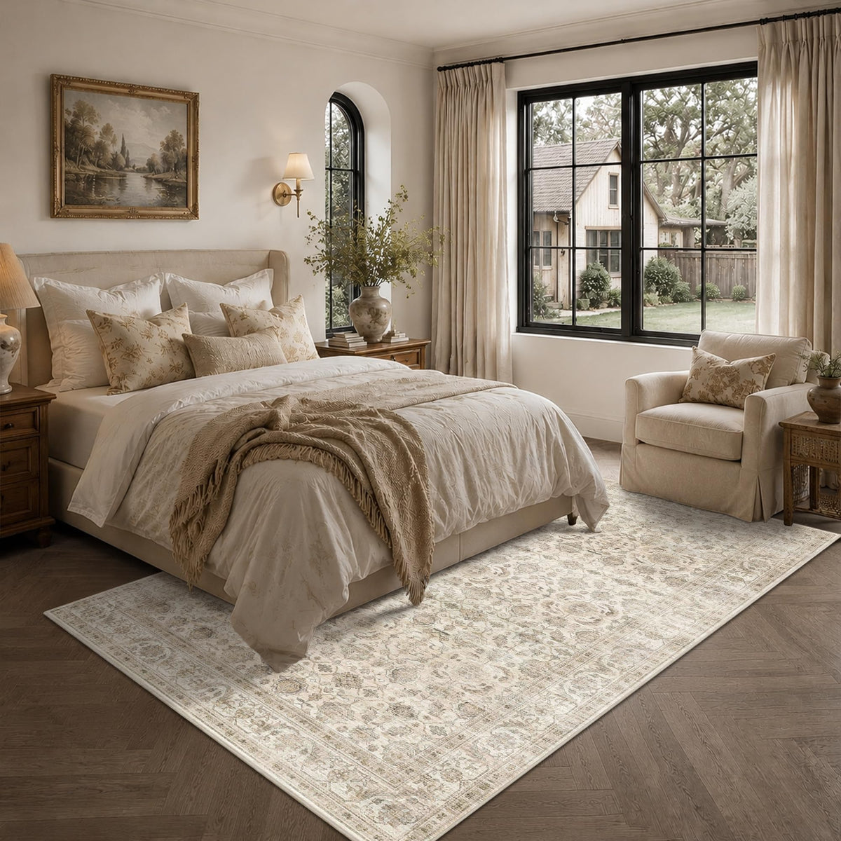 JOOJA 8x10 Beige Vintage Soft Low Pile Boho Neutral Washable Area Rug