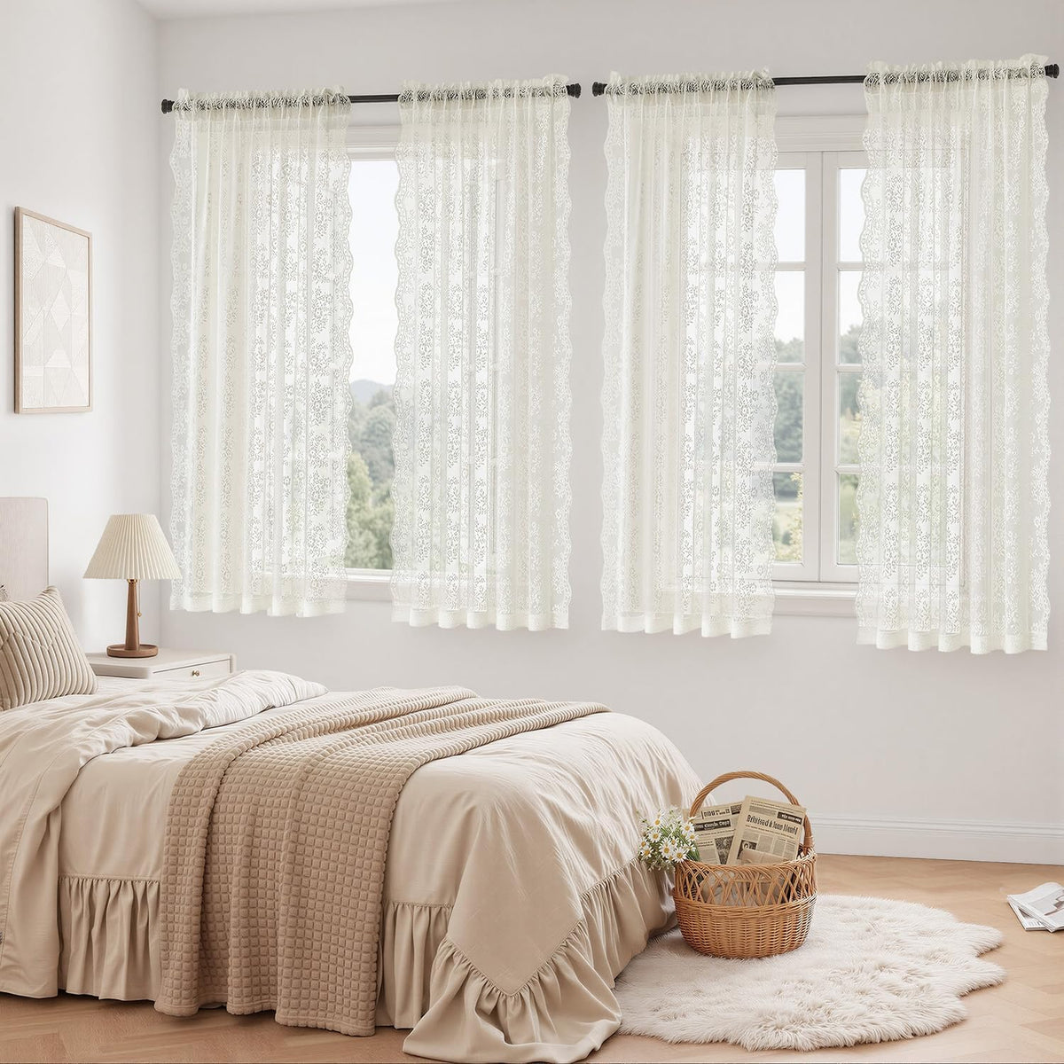 2 Panels Vintage Lace Curtains 63 Inches Length 52 x 63 Inch Ivory