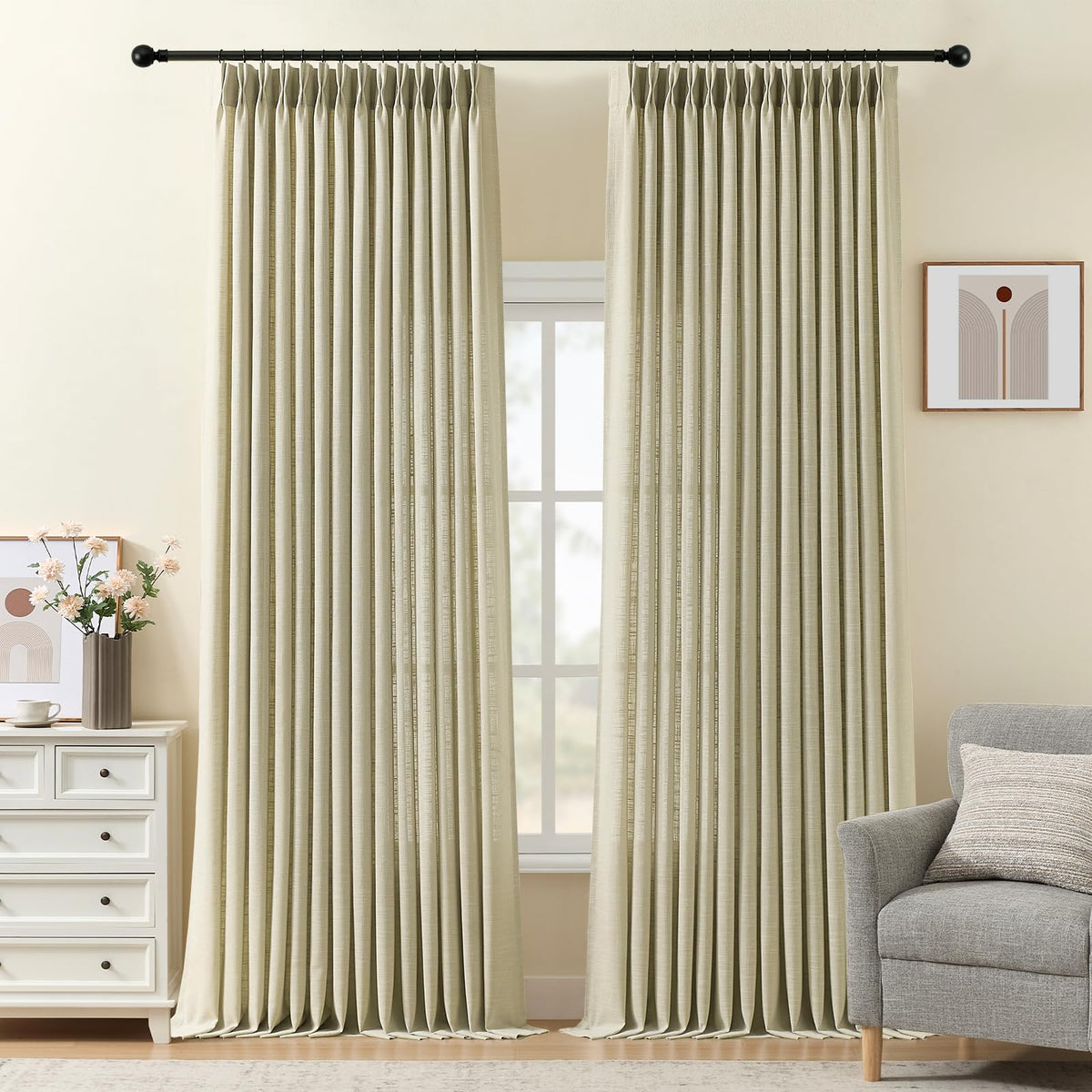 Pinch Pleated Linen Curtains 96 Inches Semi Sheer Light Filtering, 2 Panels