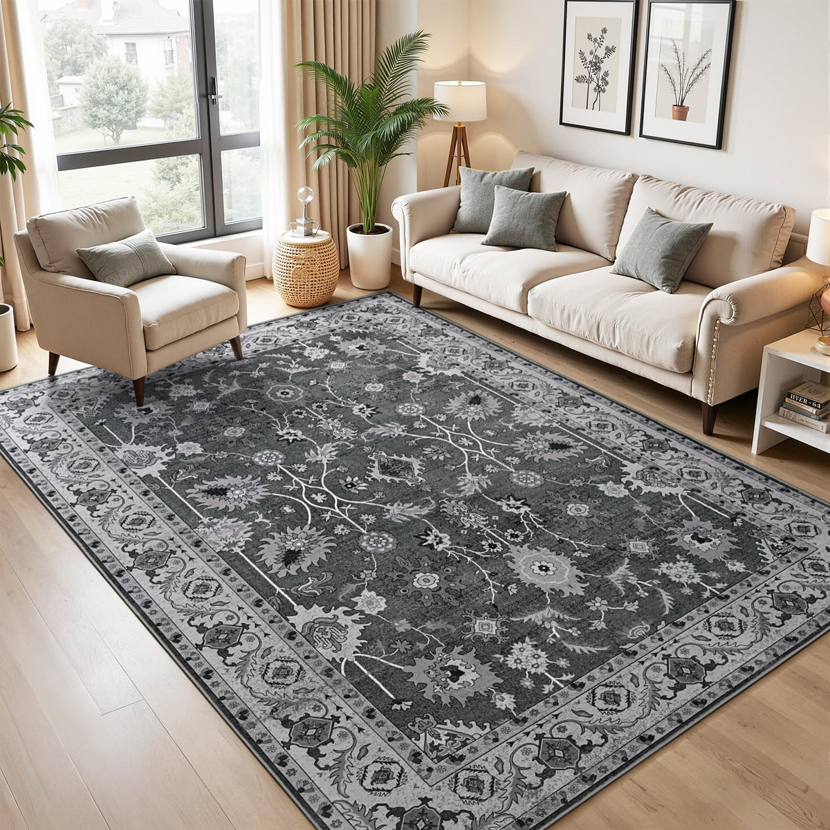 Hanples 5x7 Area Rugs for Living Room, Washable Rug Vintage Floral, Beige