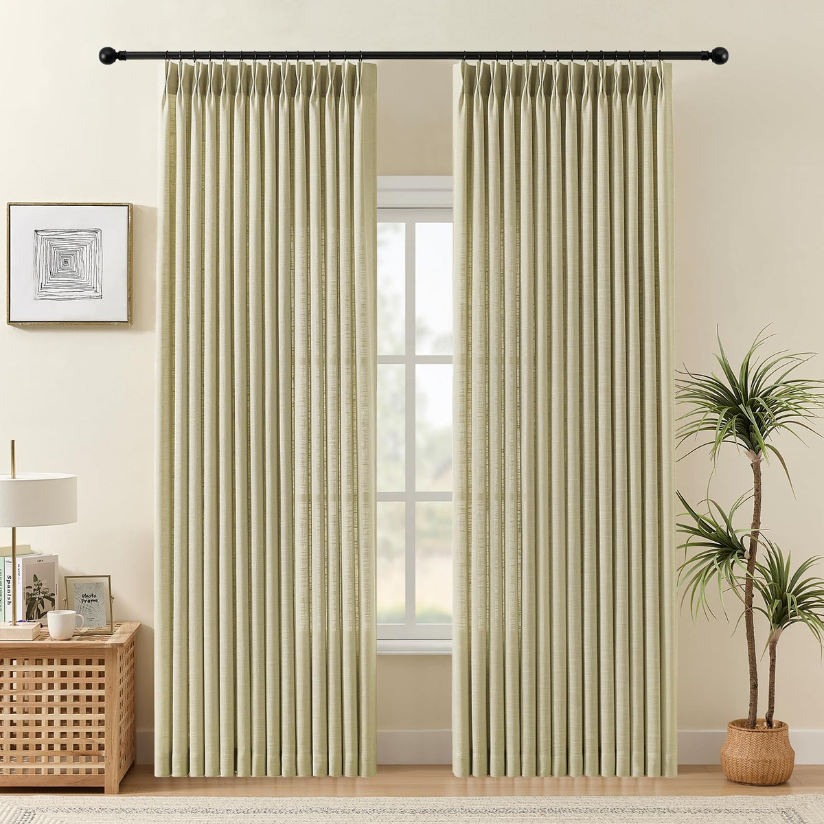 Pinch Pleated Linen Curtains 96 Inches Semi Sheer Light Filtering, 2 Panels
