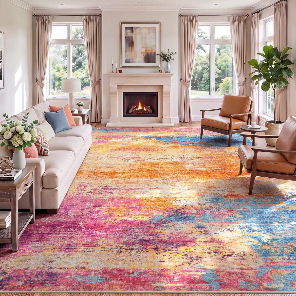 8x10 Area Rug for Living Room, Abstract Washable Non-Slip Large Rugs, Gold