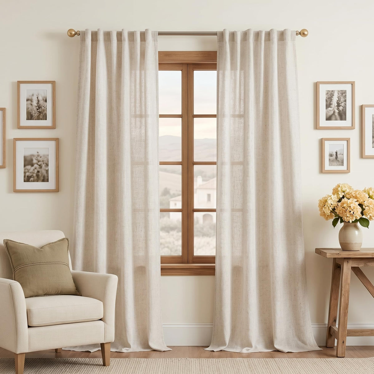 MYSKY HOME Linen Curtains for Living Room, Natural Semi Sheer Curtains & Drapes 84 inches Length 2 Panels Set Farmhouse Country Boho Style Back Tab Draperies for Sliding Glass Door, 50" Wide, Linen