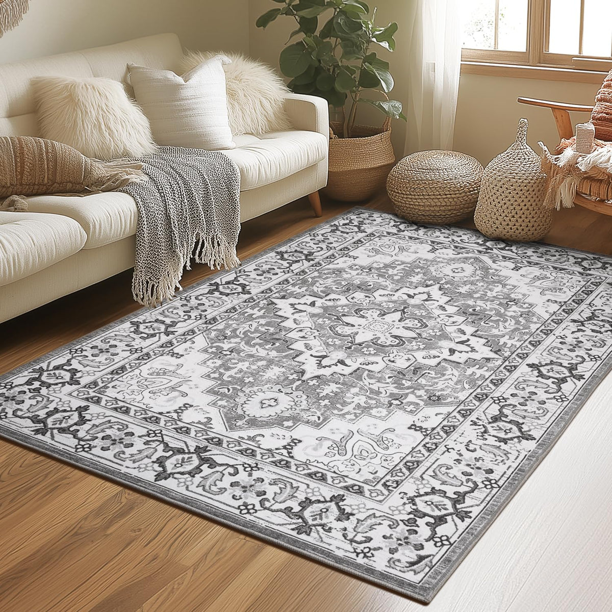 Lessymo 8 x 10 Area Rugs for Living Room, Machine Washable Rug Grey White