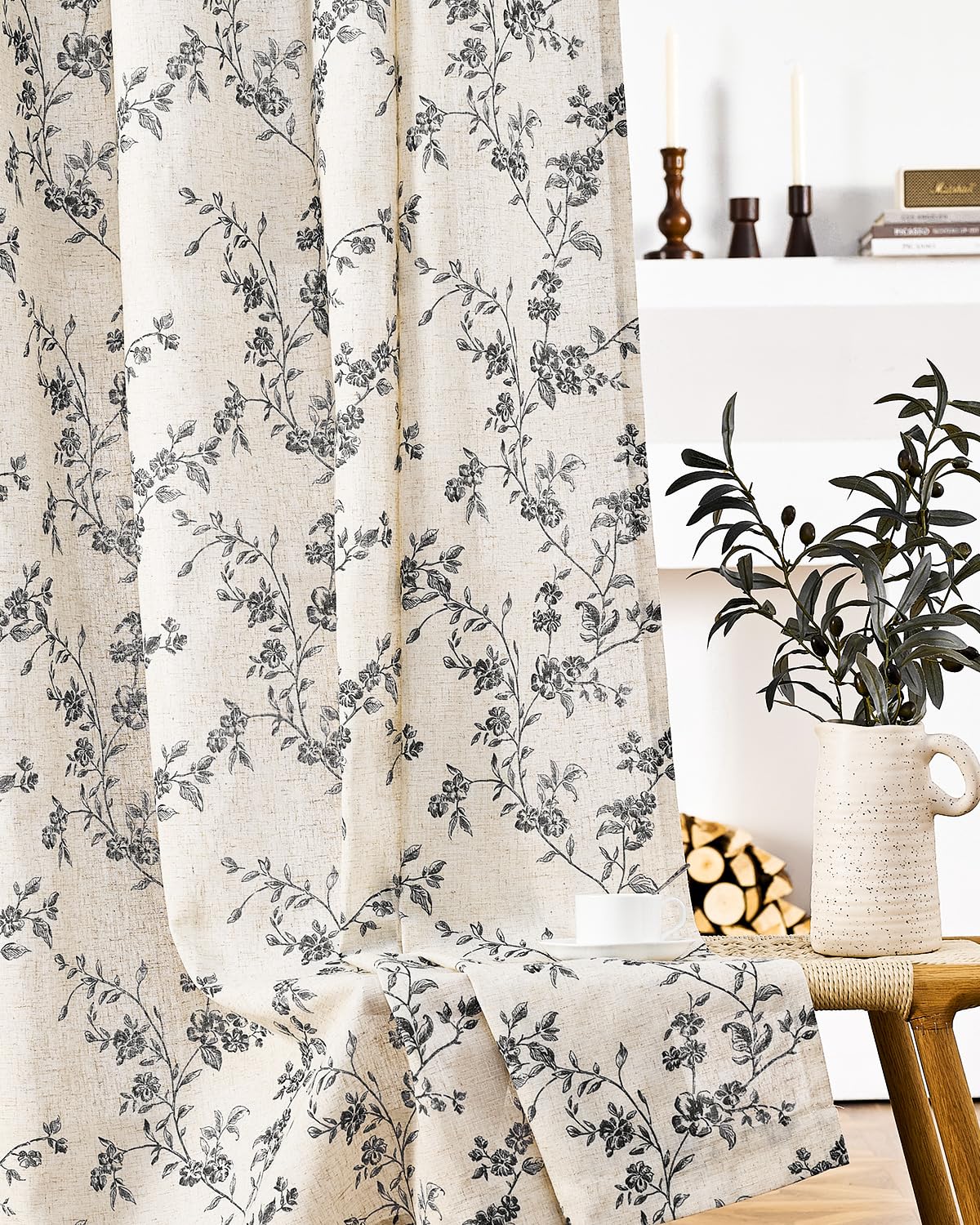 jinchan Taupe Floral Linen Curtains 84 Inch Farmhouse Back Tab 2 Panels
