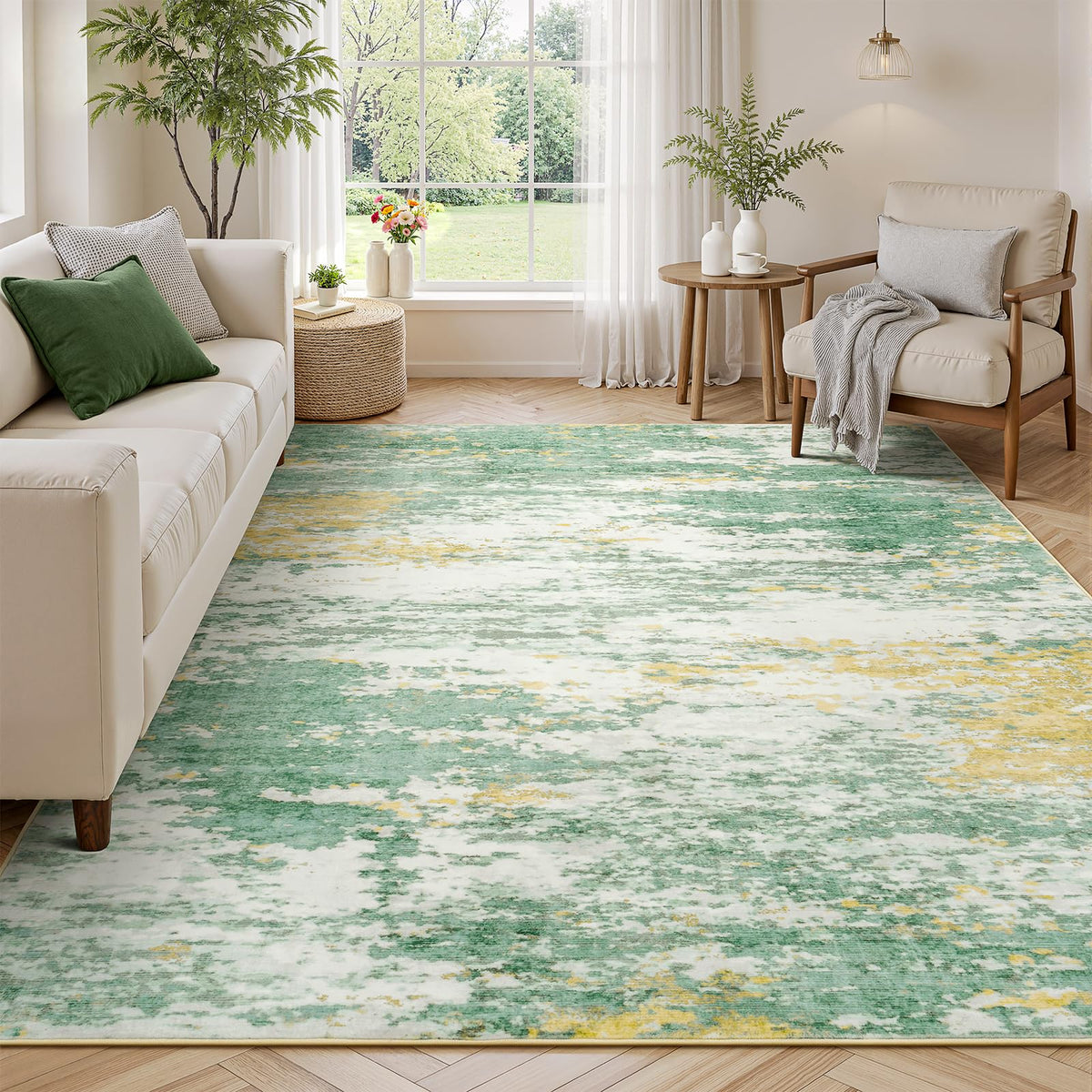 8x10 Area Rug for Living Room, Abstract Washable Non-Slip Large Rugs, Gold