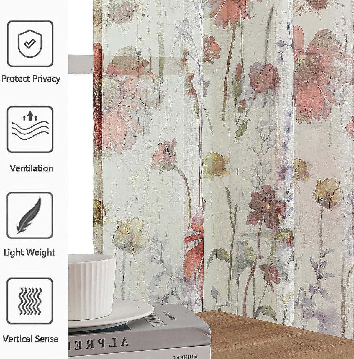 OWENIE Crushed Semi Sheer Curtains 72 Inches Length 2 Panels, Floral Pattern Design Rod Pocket Light Filtering Farmhouse Curtains for Bedroom Living Room, 2 Pieces Total 84 Inch Wide, 72 inch Long