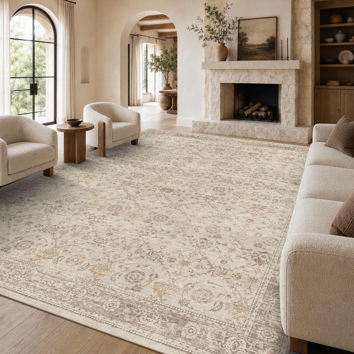 8x10 Washable Boho Area Rug, Dark Beige Farmhouse for Living Room
