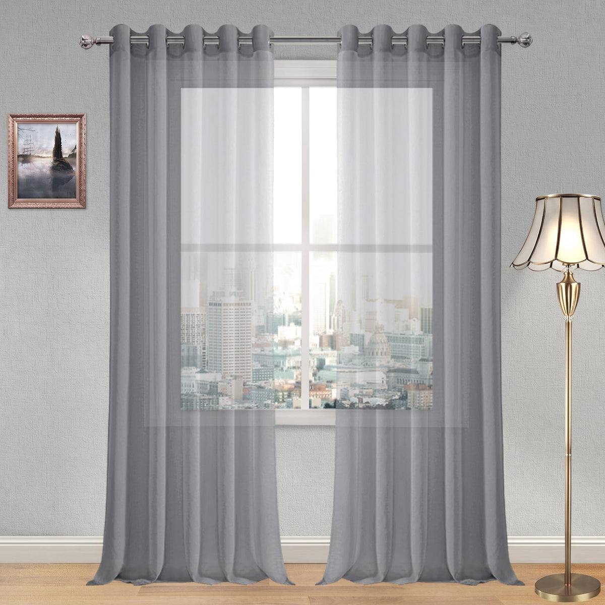 DWCN White Sheer Curtains Linen Look Semi Transparent Voile Grommet White Curtains for Living Dining Room Drapes 52 x 84 Inch Long, Set of 2 Panels