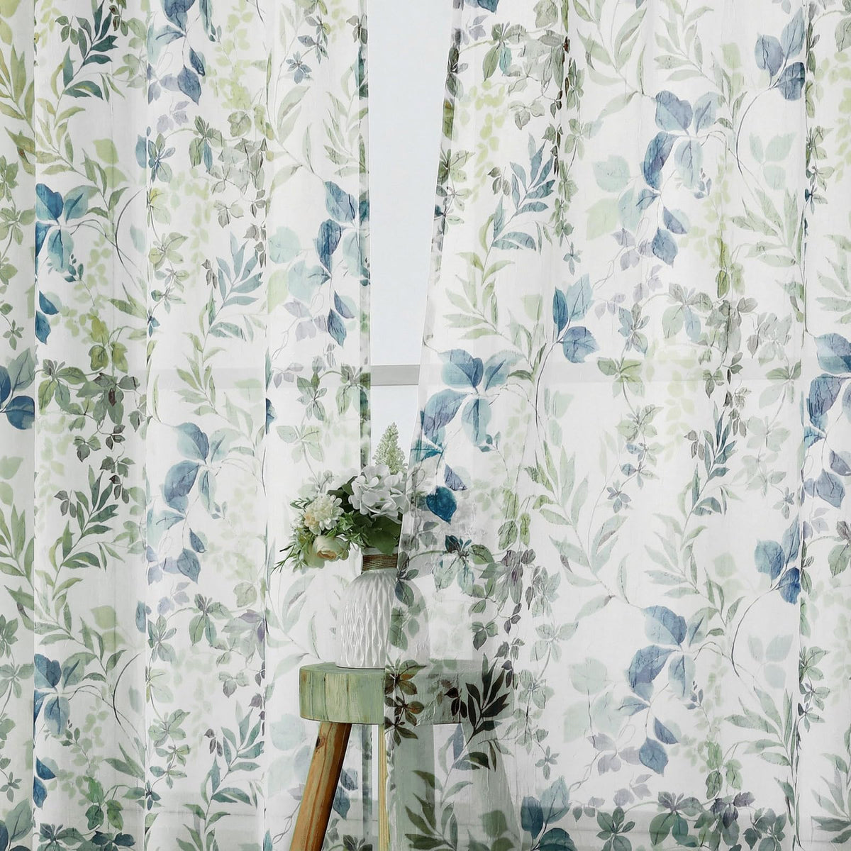 OWENIE Crushed Sheer Curtains 63 Inch Length 2 Panels Set, Sheer Floral Curtians with Printed Leaves Design, Printing Drapes for Living Room, Rod Pocket Light Filtering Window Sheers 42" W x 63" L