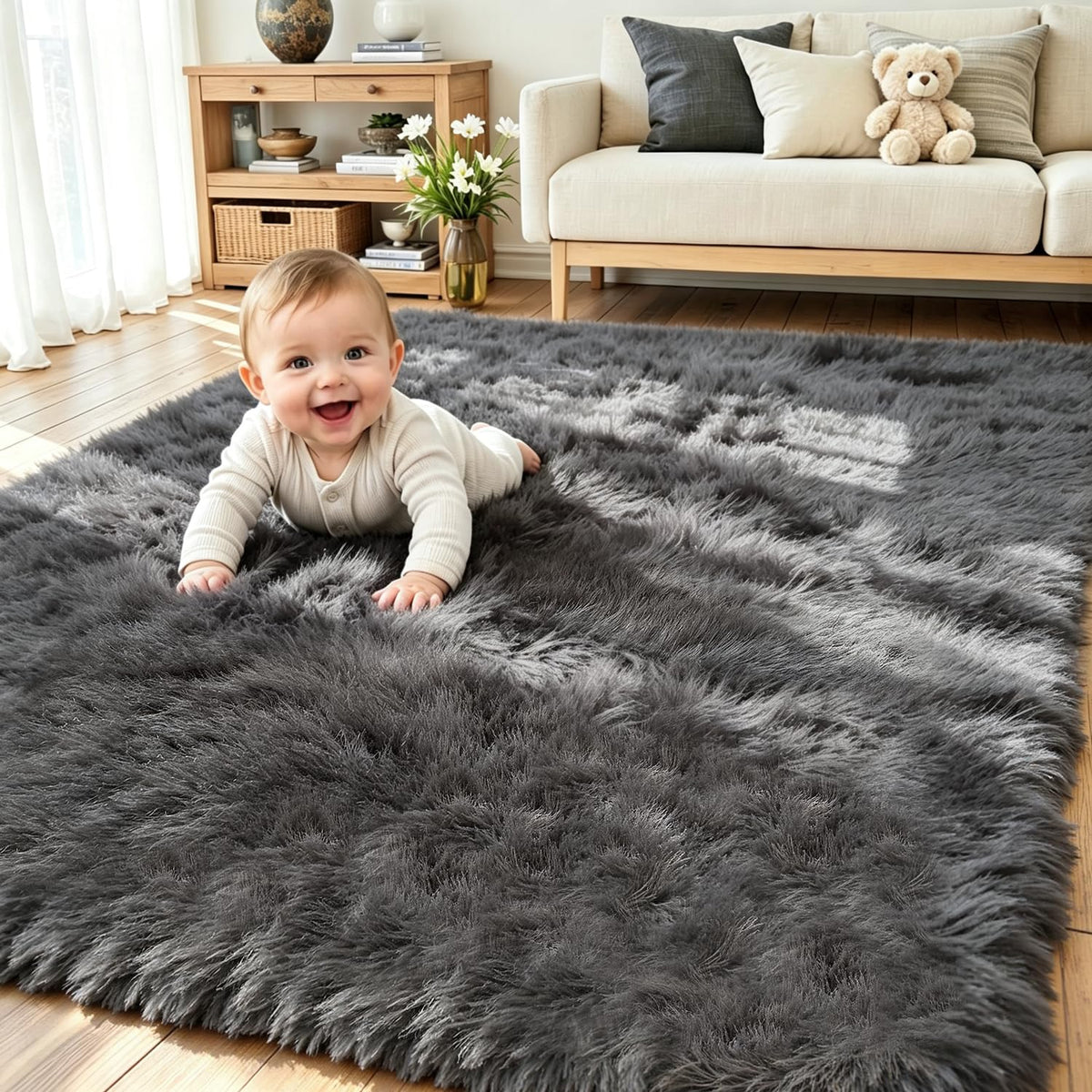 8x10 Black Area Rug for Living Room Bedroom, Soft Fluffy Fuzzy Fur Shag Rug