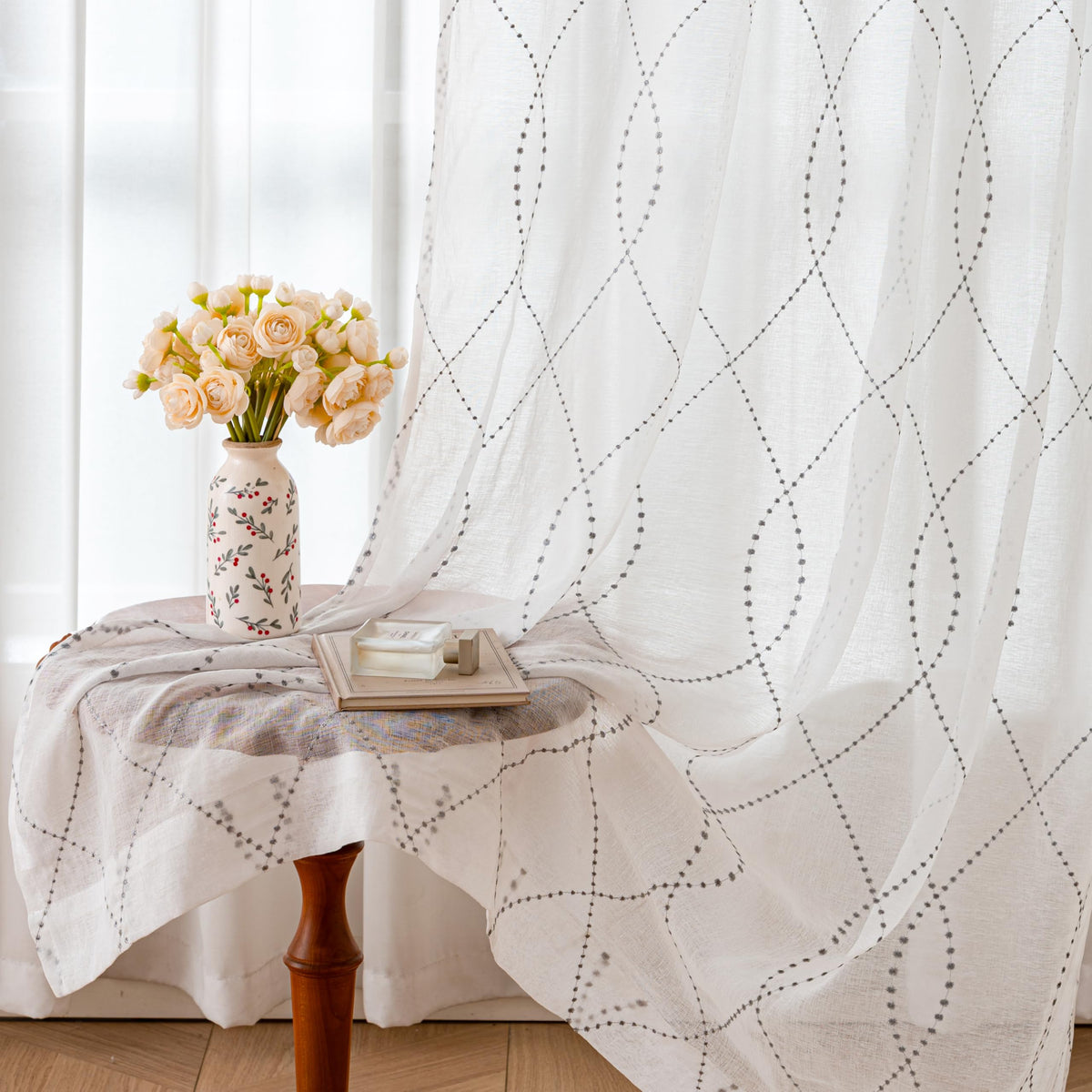 VISIONTEX White Sheer Curtains Grey Moroccan Embroidered 63 Inch Length