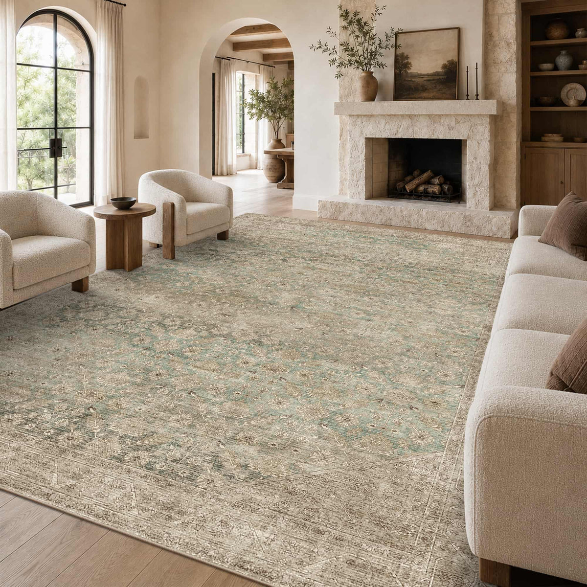 8x10 Washable Boho Area Rug, Dark Beige Farmhouse for Living Room
