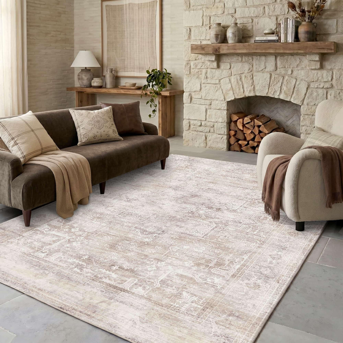 8x10 Washable Boho Area Rug, Dark Beige Farmhouse for Living Room
