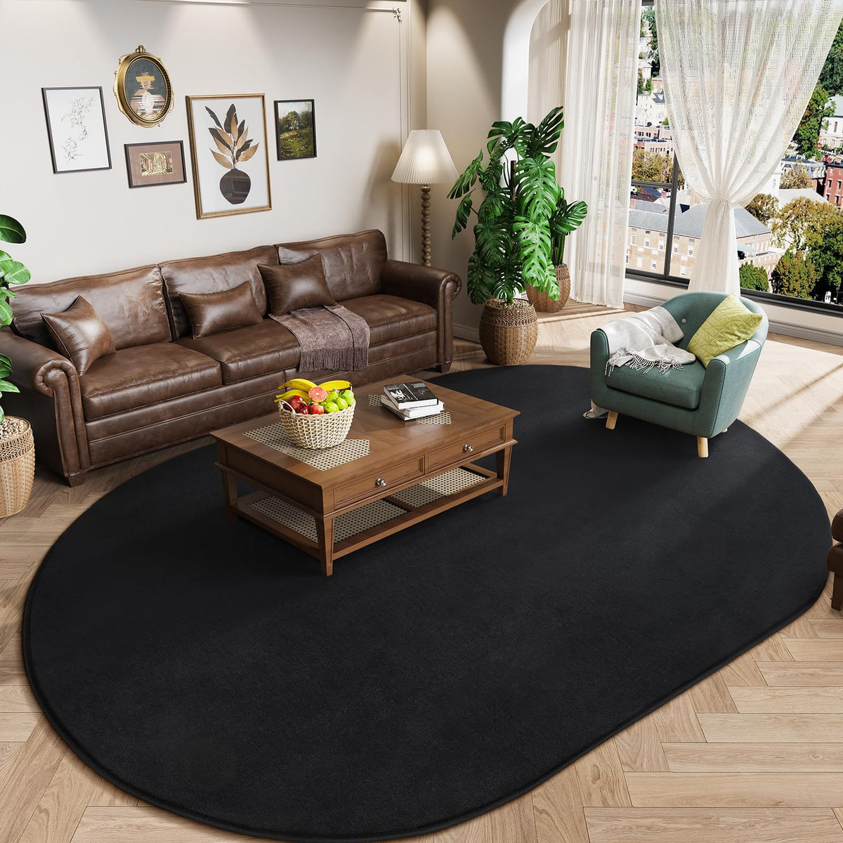 Amearea Soft Oval Rugs for Bedroom, 2.6 x 5.3 Black Bedroom Bedside Rug