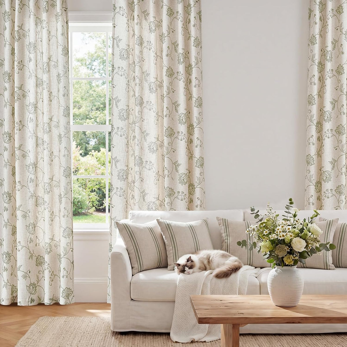 jinchan Green Floral Linen Curtains 84 Inch Vintage Back Tab 2 Panels
