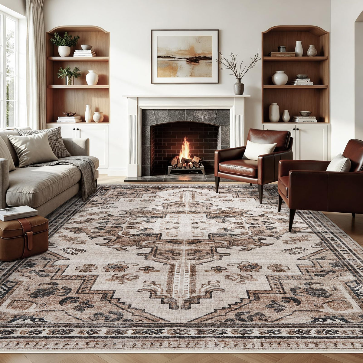 Joydeco Boho Washable Abstract Beige 5x7 Area Rugs for Living Room Bedroom