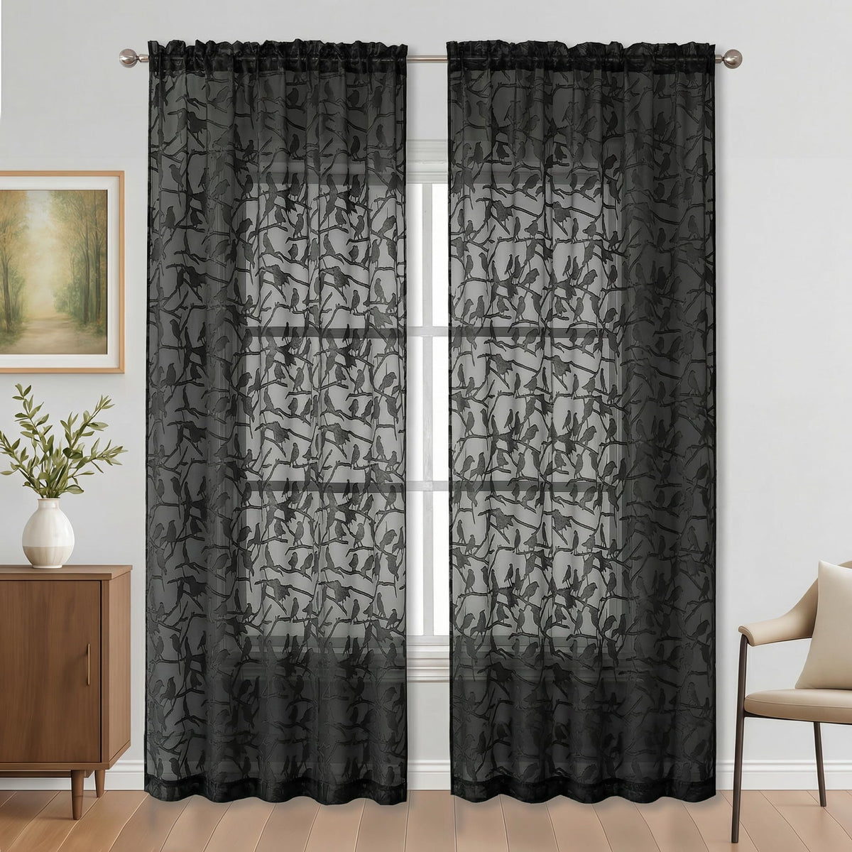 OVZME Sage Green Sheer Curtains 63 Inch Length 2 Panel Set, Light Filtering Bedroom Curtains with Dual Rod Pocket Top, Leaf Bird Clip Jacquard Sheer Farmhouse Window Drapes for Living Room, 2x38Wx63L