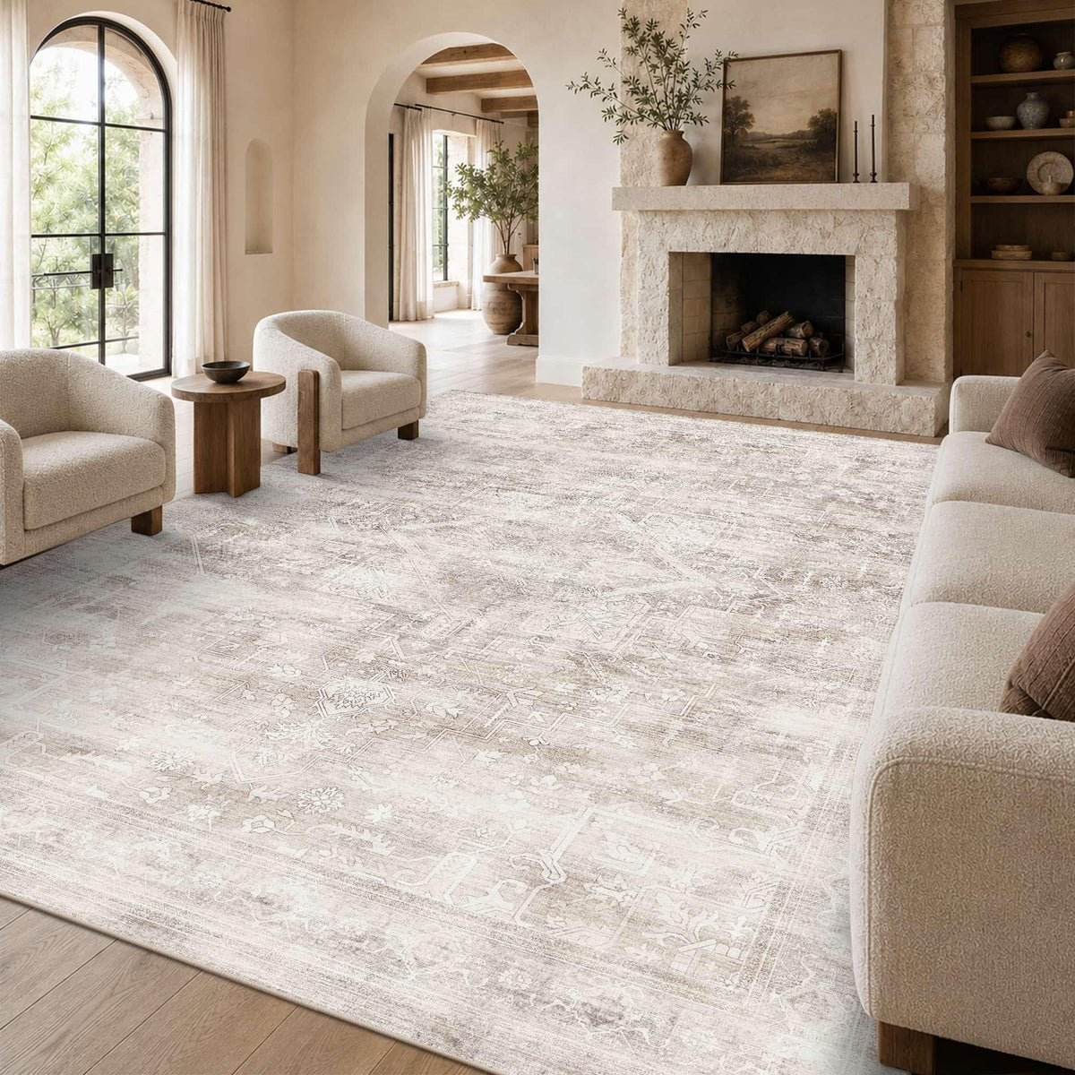 8x10 Washable Boho Area Rug, Dark Beige Farmhouse for Living Room