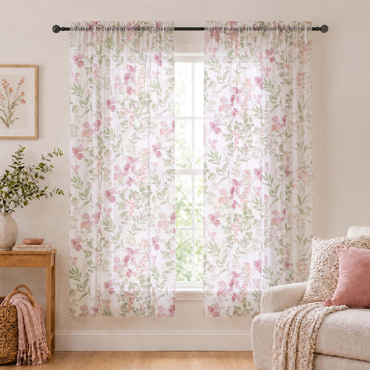 OWENIE Crushed Sheer Curtains 63 Inch Length 2 Panels Set, Sheer Floral Curtians with Printed Leaves Design, Printing Drapes for Living Room, Rod Pocket Light Filtering Window Sheers 42" W x 63" L