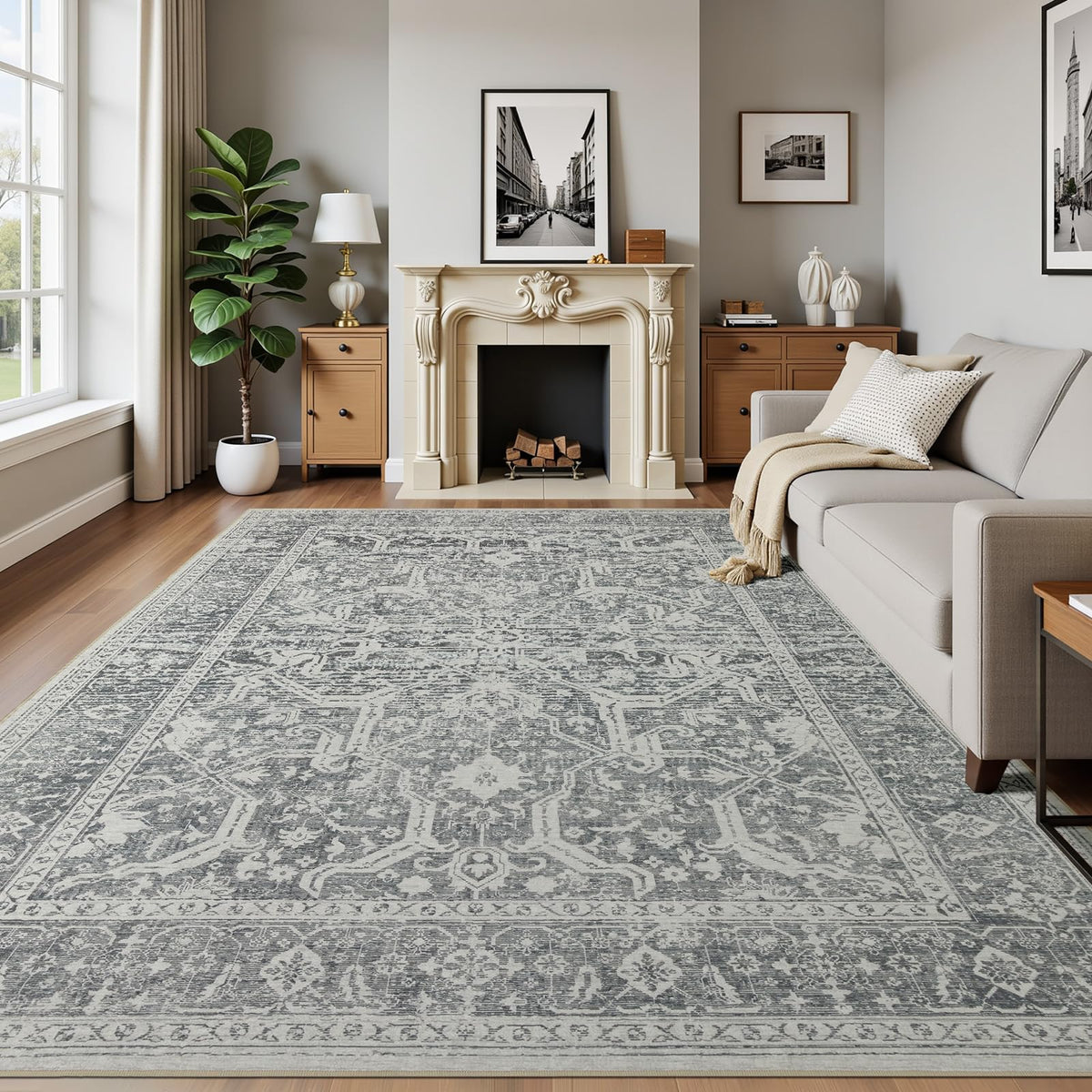 Joydeco Boho Washable Abstract Beige 5x7 Area Rugs for Living Room Bedroom