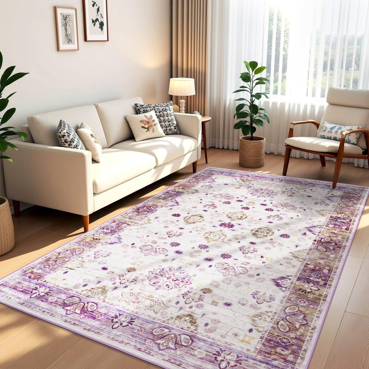 Hanples 5x7 Area Rugs for Living Room, Washable Rug Vintage Floral, Beige