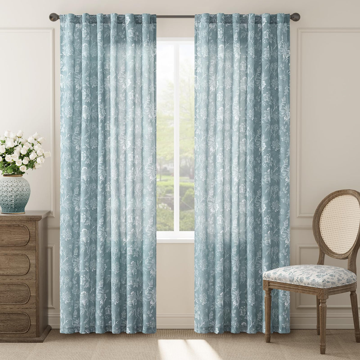 jinchan Green Floral Linen Curtains 84 Inch Vintage Back Tab 2 Panels
