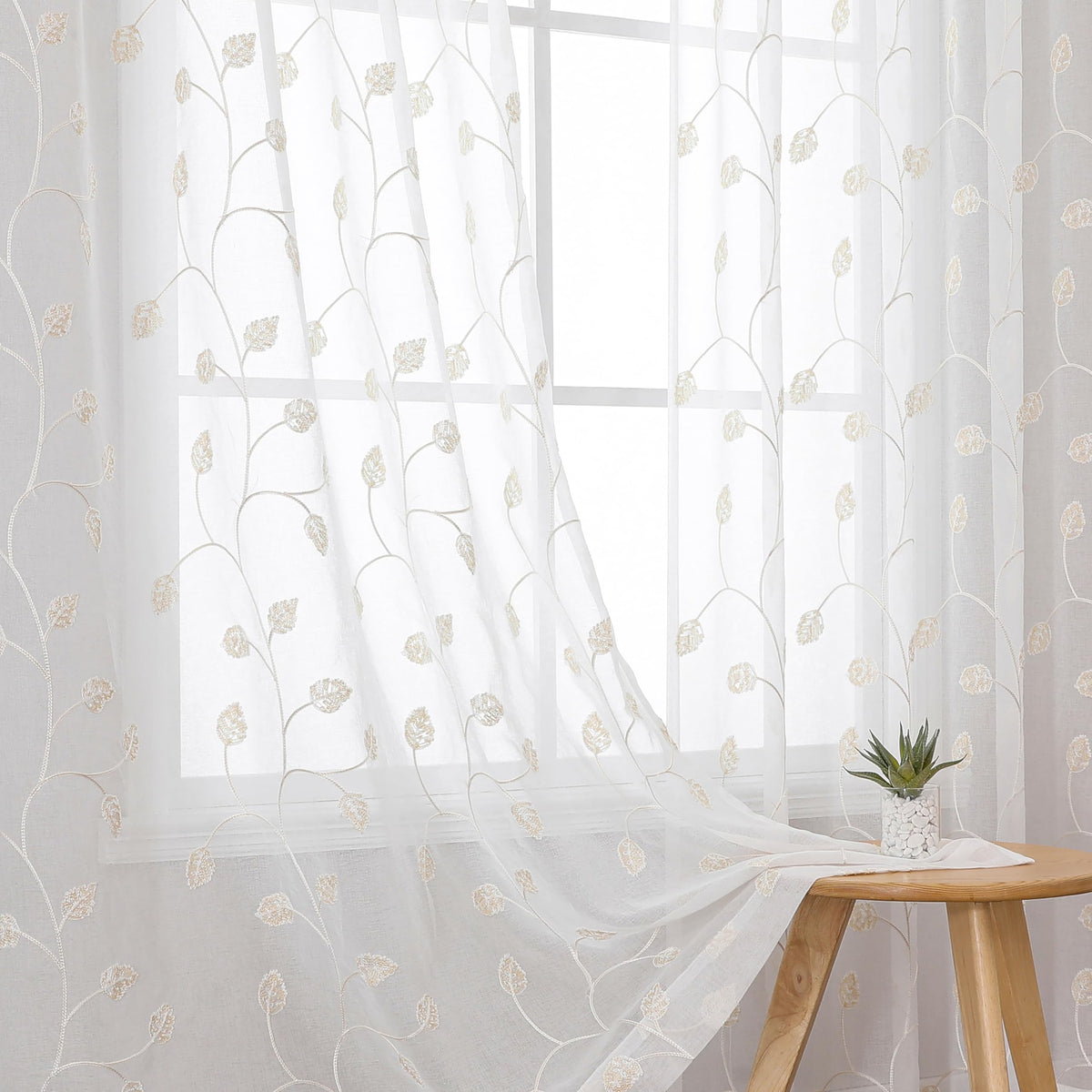VISIONTEX Sheer Curtains Boho Leaf Floral Embroidered Cream Beige 54Wx84L