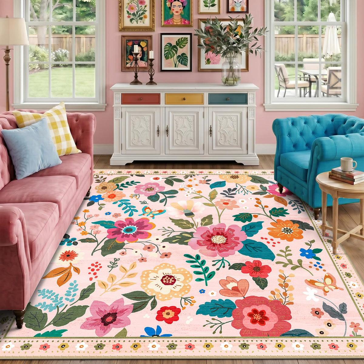 RELEANY Floral Washable 5x7 Area Rugs Pink