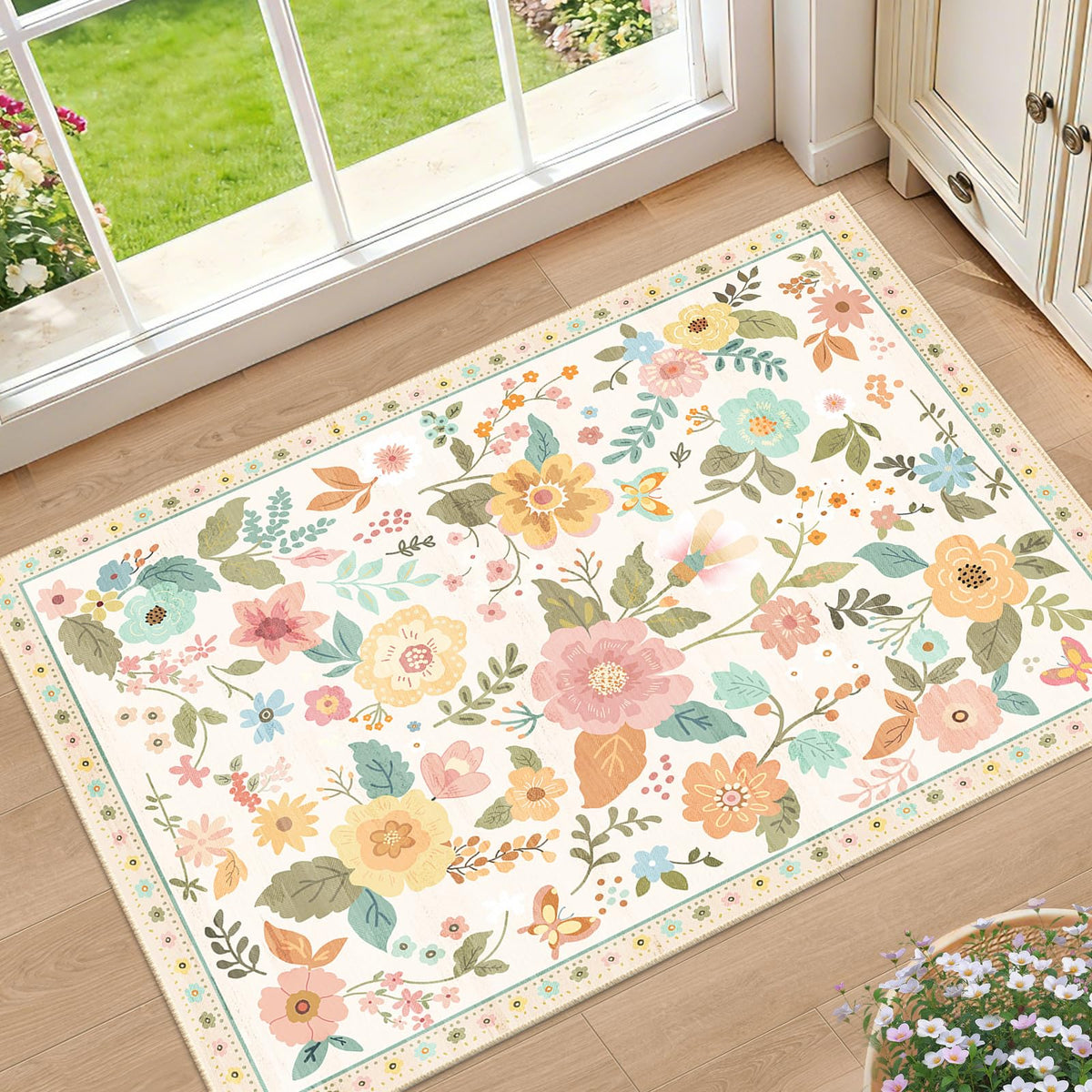 RELEANY Floral Washable 5x7 Area Rugs Pink