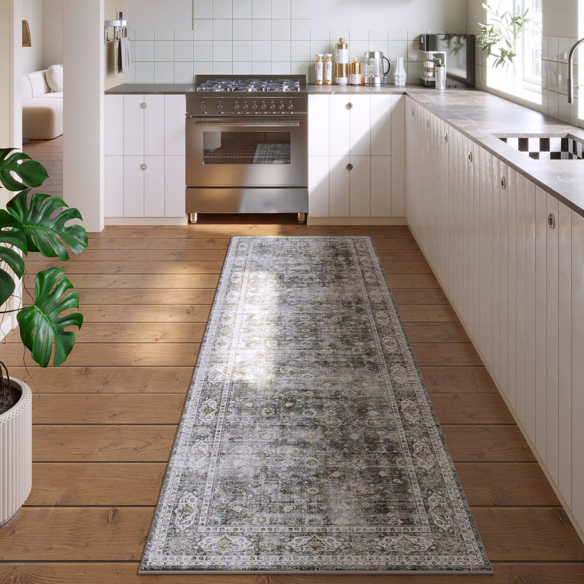 Rugcomf Large Living Room Rug 8x10 Washable Non Slip Vintage, Grey