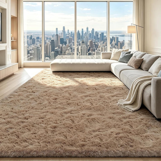 Beige 8x10 Area Rugs for Living Room, Fluffy Shag Rug Large Bedroom Carpet