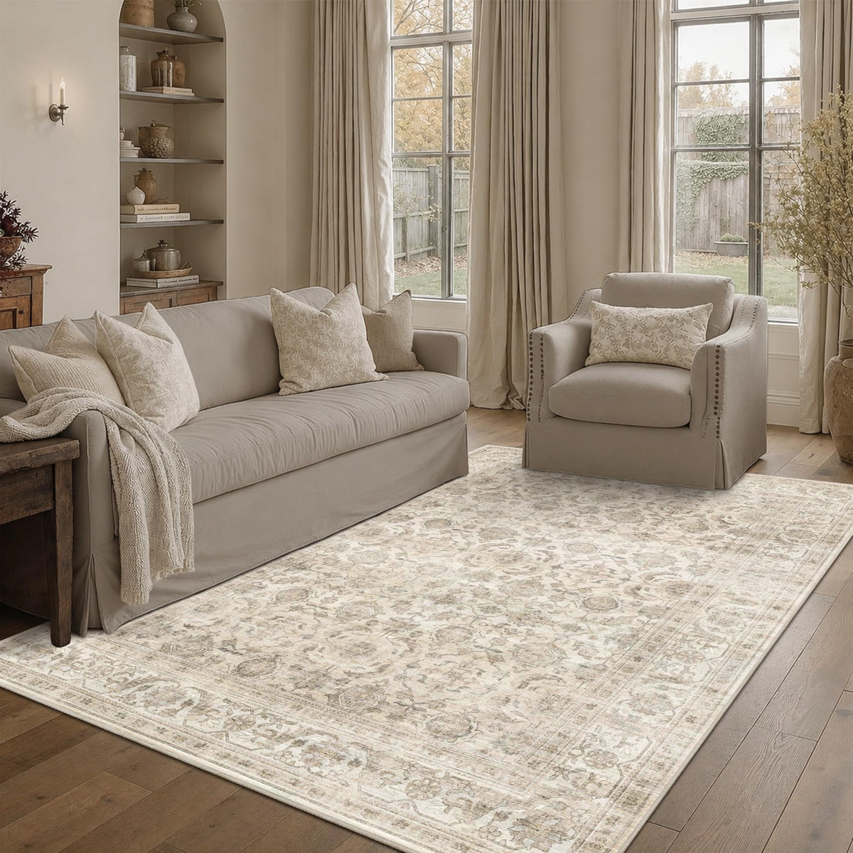 JOOJA 8x10 Beige Vintage Soft Low Pile Boho Neutral Washable Area Rug