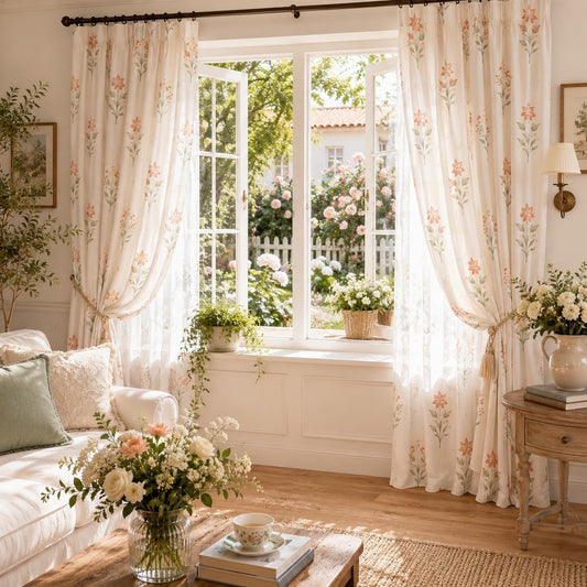 Sanceor Pinch Pleated Curtains Light Filtering Red Floral Curtains for Living Room Bedroom Dining Room 84 Inches Luxury Linen Drapes Farmhouse Window Curtains with Hooks - 2 Panels Set, 38" x 84"