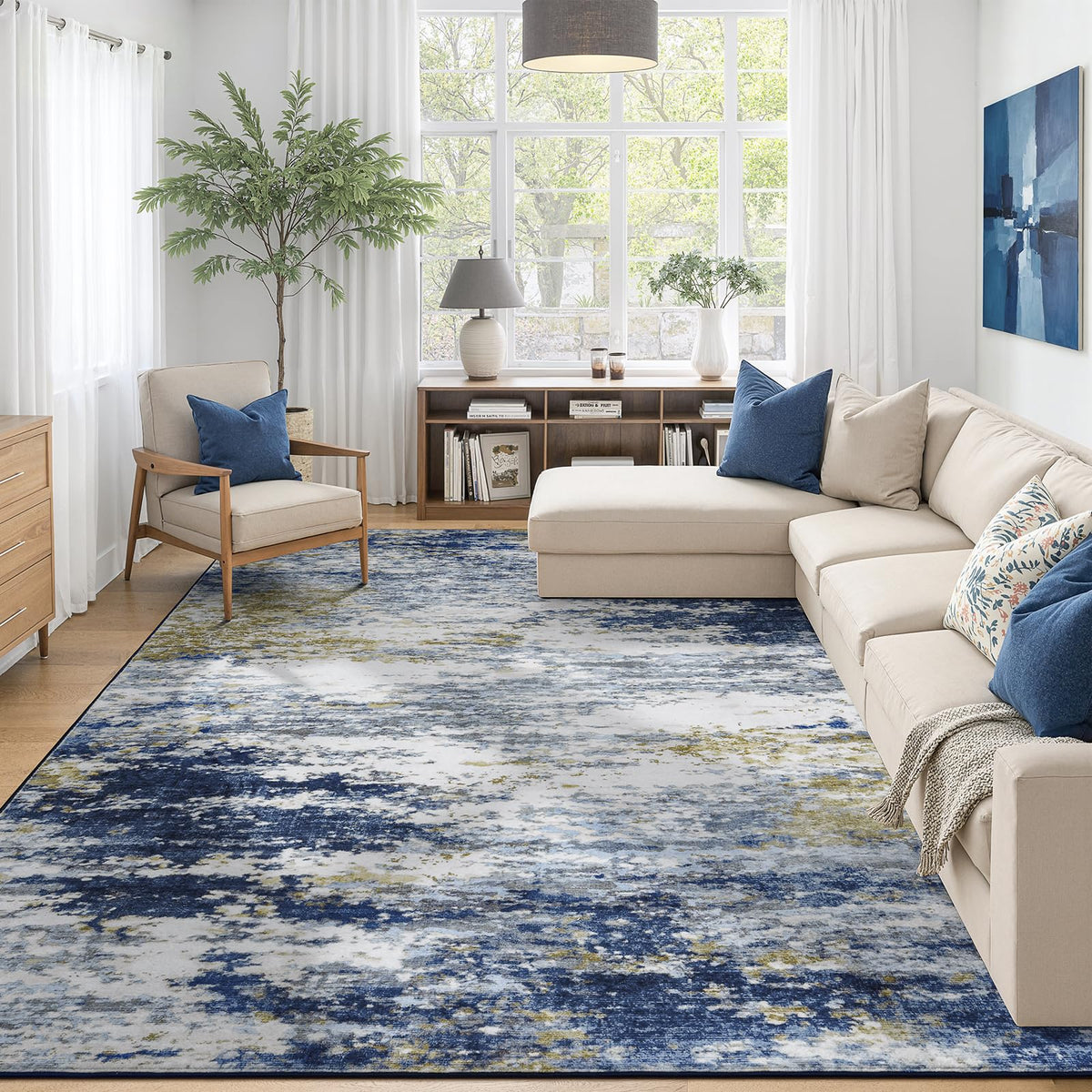 8x10 Area Rug for Living Room, Abstract Washable Non-Slip Large Rugs, Gold