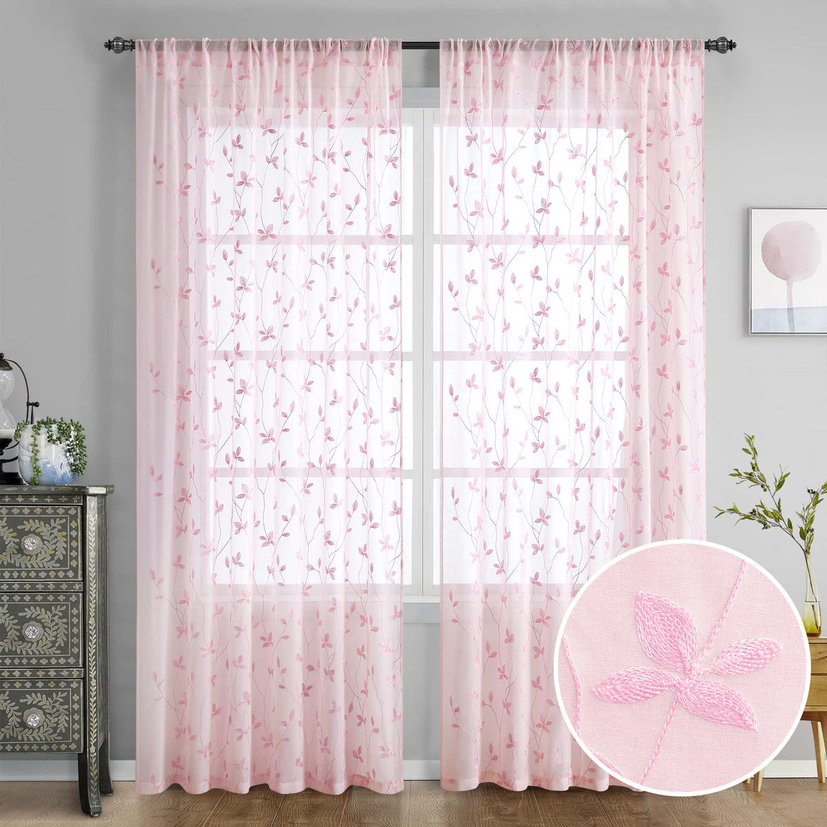 HOMEIDEAS Sage Green Sheer Curtains Leaf Embroidered, 52x84 Inch, 2 Panels