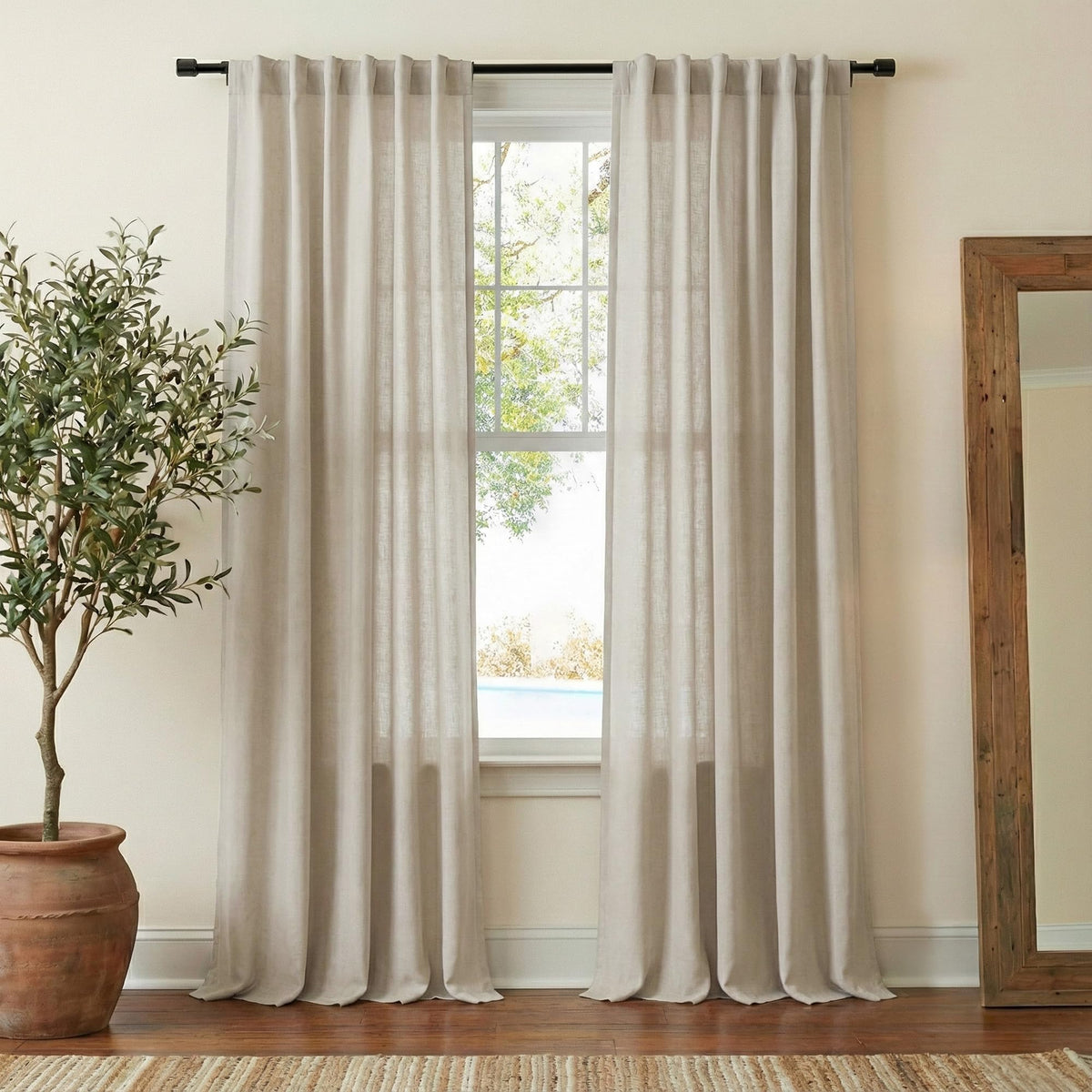 NICETOWN Natural Linen Curtains & Drapes for Windows 84 inch Long, Rod Pocket & Back Tab Thick Flax Semi Sheer Privacy Assured with Light Filtering for Bedroom/Living Room, W55 x L84, 2 Pieces